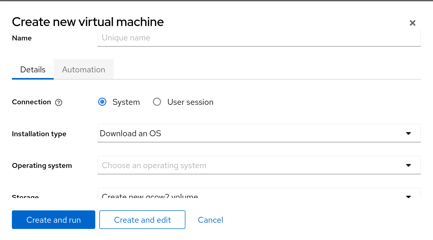 Virtual Machine create dialog