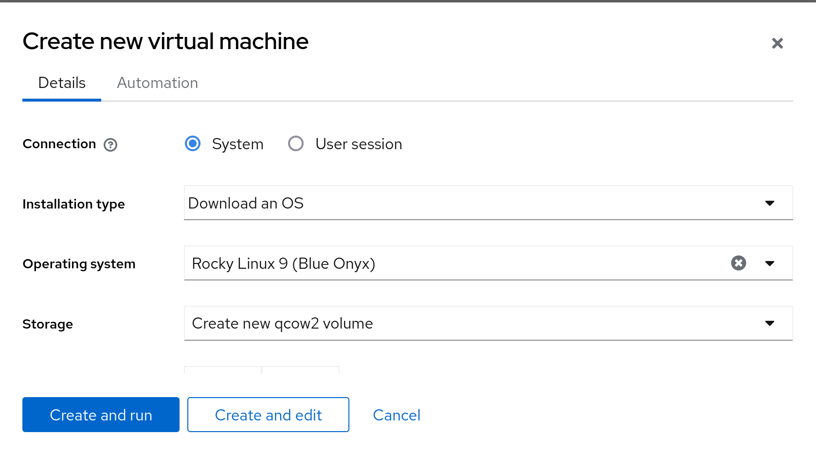 VM create dialog with Rocky Linux 9 selected