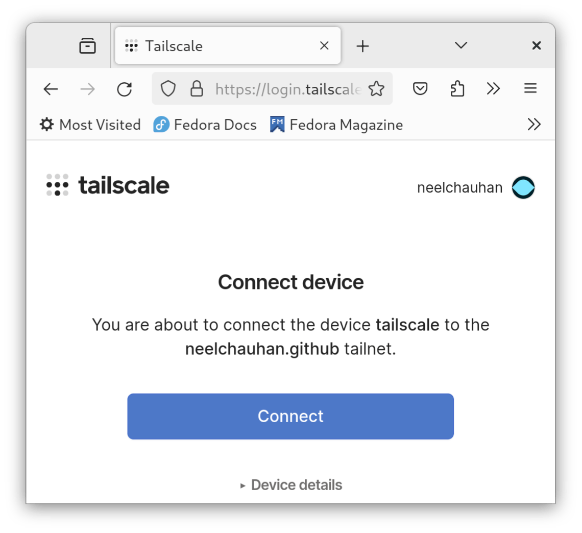 Finestra di dialogo per la concessione dell'accesso a Tailscale